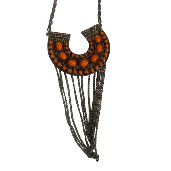 Orange and Dark Goldtone Statement necklace with chain detail - Picture 1 of 5